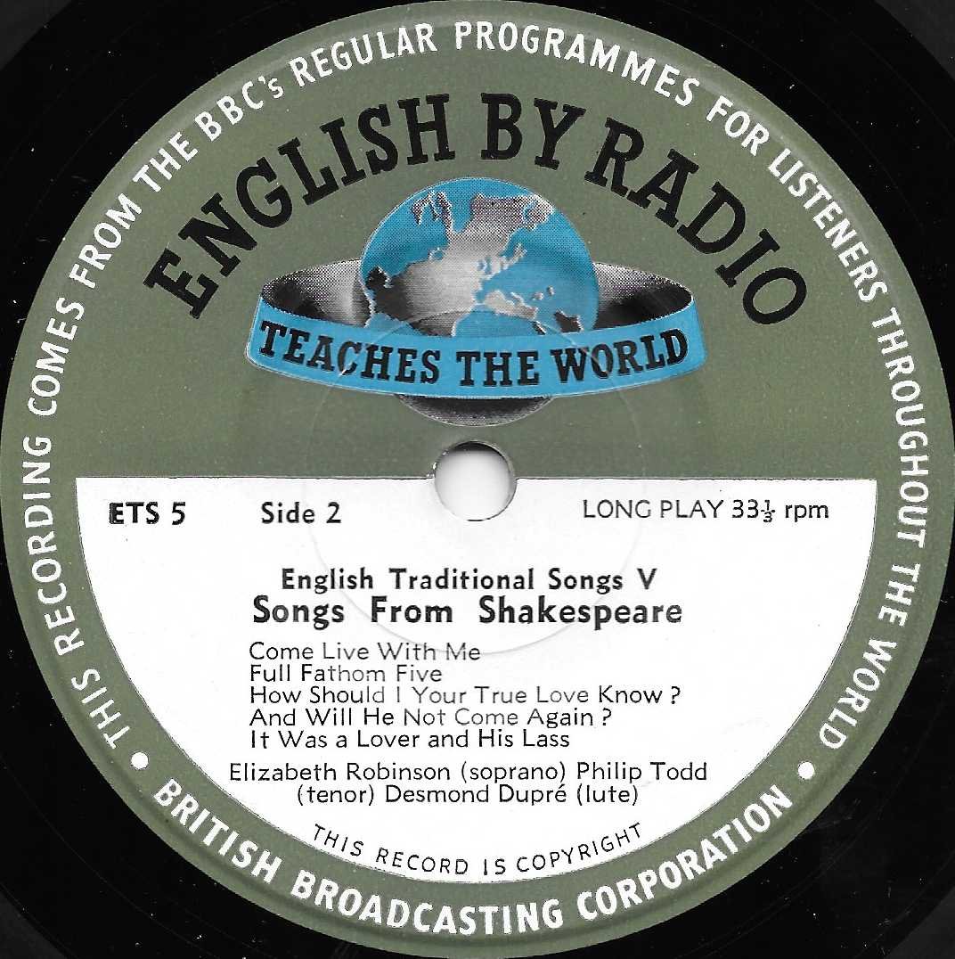 ETS 5 Songs from Shakespeare Elizabeth Robinson / Philip Todd / Arr. Norman Fraser from the BBC records and Tapes library Label